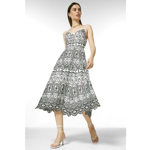 Karen Millen Maxi Dress 8 Black & White Contrast Broderie 100% Cotton - Picture 1 of 13